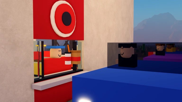 A Roblox drive-thru window serving a line of customers' cars