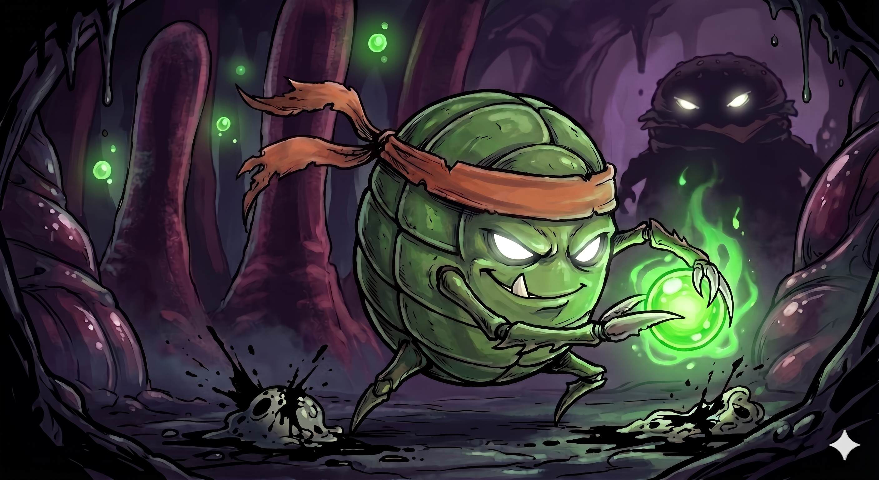 Gut Rush character holding a glowing green orb in a dark cavern